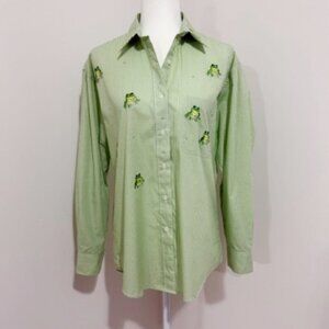 Las Olas Long Sleeve Blouse Green White Gingham Rhinestones Frog Appliqué Size M